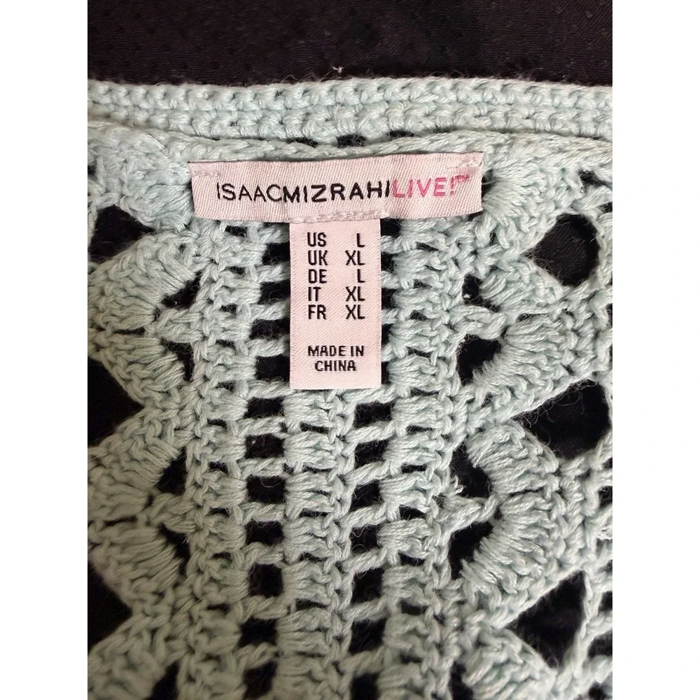 Isaac Mizrahi Aqua Crochet Knit Open Cardigan Sweater Sz L Cotton Blend Coastal